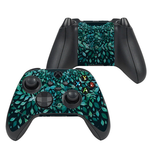 Xbox Series X controller skin, teal leaf pattern with dark button outlines