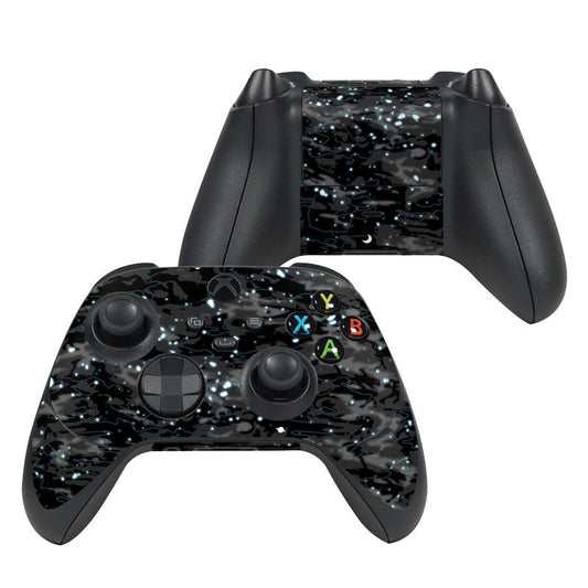 Xbox Series X controller skin with black glossy space graphic and glowing button icons