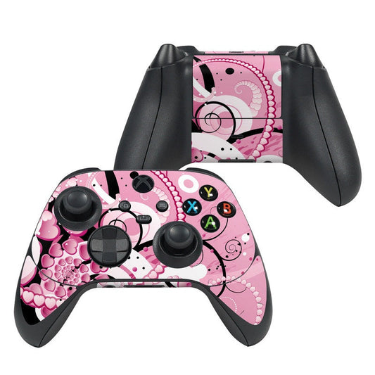 Xbox Series X controller skin with pink abstract pattern and colored button icons