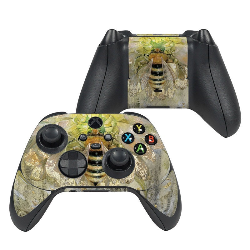Xbox Series X controller skin with honey bee and honeycomb design over black grips