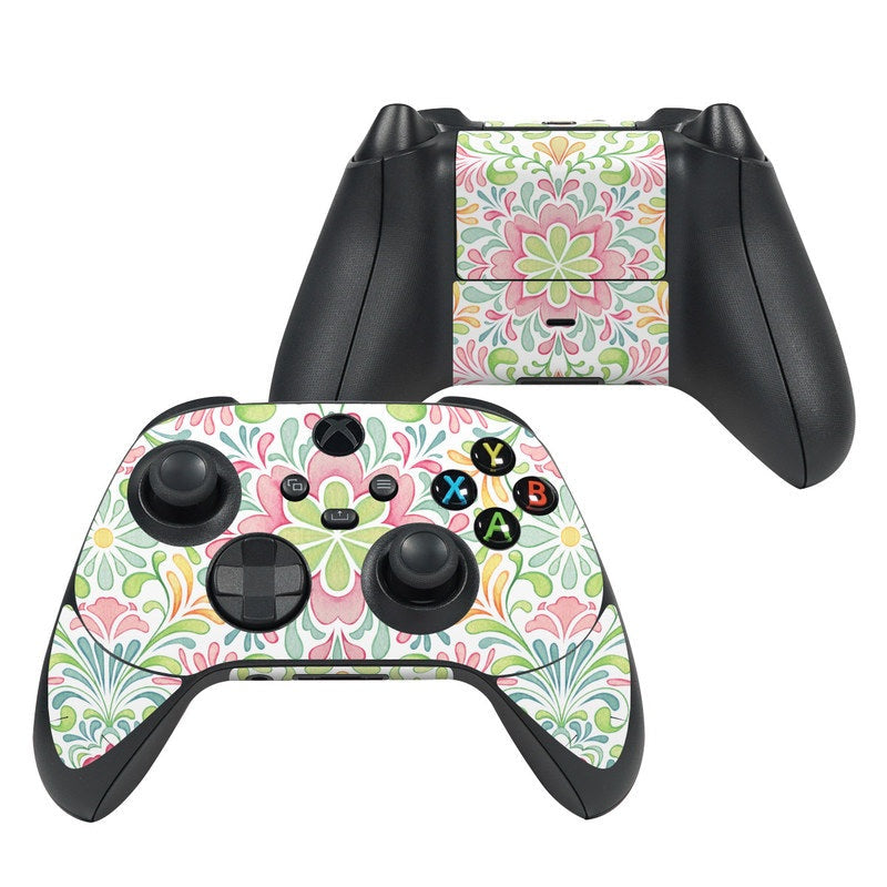 Xbox Series X controller skin with colorful floral pattern and colored button icons