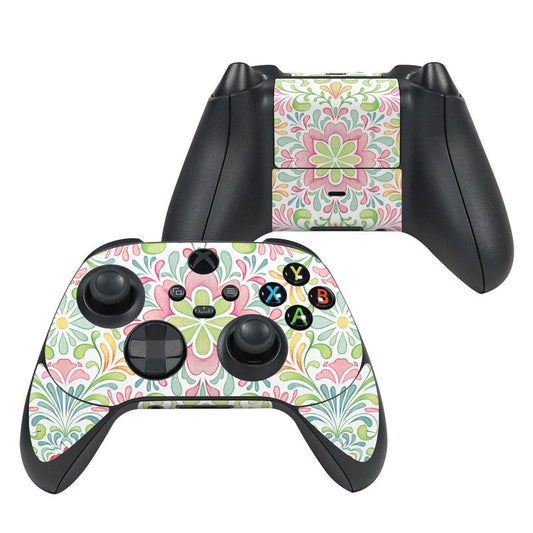 Xbox Series X controller skin with colorful floral pattern and colored button icons