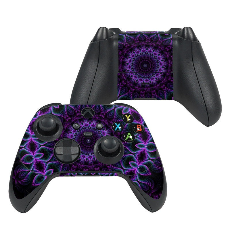 Xbox Series X controller skin with purple and black fractal pattern, button decals