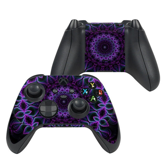 Xbox Series X controller skin with purple and black fractal pattern, button decals