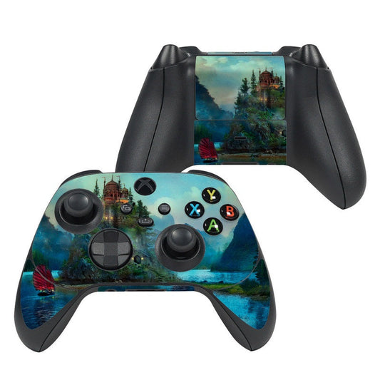 Xbox Series X controller skin with blue landscape castle design over black controller
