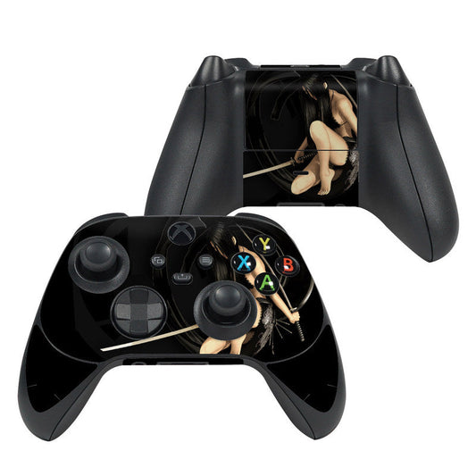 Dark Xbox Series X controller skin with colorful button icons and character artwork.