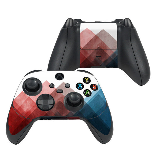 Xbox controller skin for Series X with red/blue geometric pattern and colored button icons