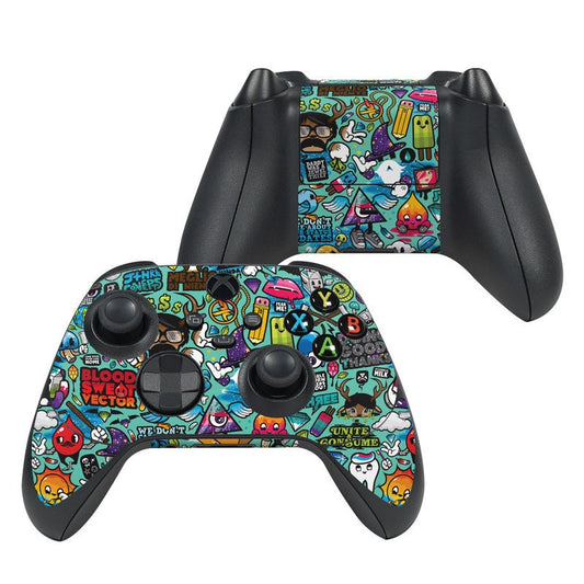 Xbox Series X controller skin with colorful cartoon game icons and black grips