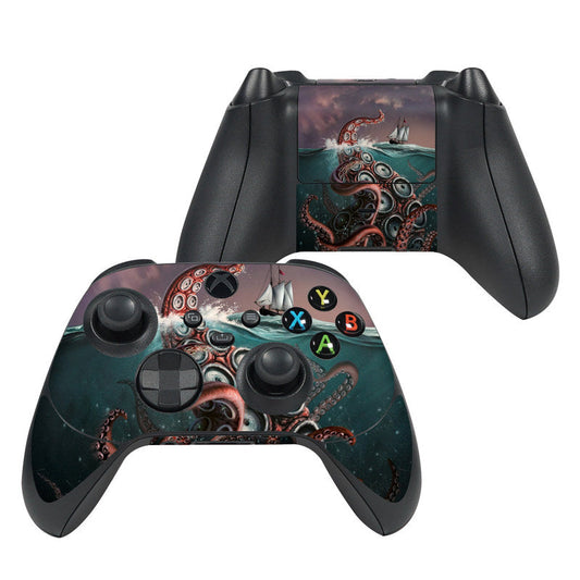 Xbox Series X controller skin with kraken octopus and ocean graphic front and grip buttons