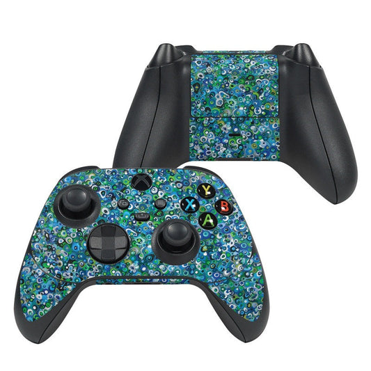 Xbox Series X controller skin with blue-green bubble pattern and colored ABXY button overlays