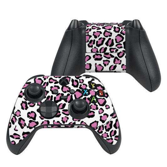Xbox controller skin with pink and purple leopard print, designed for Series X front and back grips