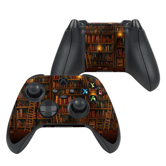 Xbox Series X controller skin with library bookcase graphic on grips