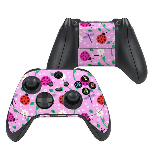 Pink ladybug patterned Xbox controller skin with button and thumbstick cutouts