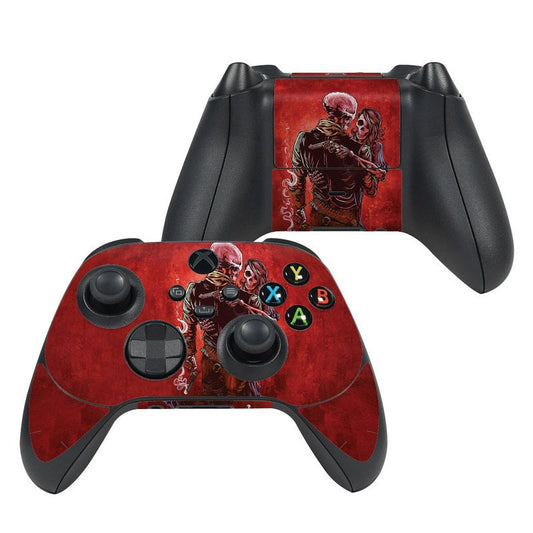 Xbox Series X controller skin with red skull-and-gun graphic and A/B/X/Y button cutouts