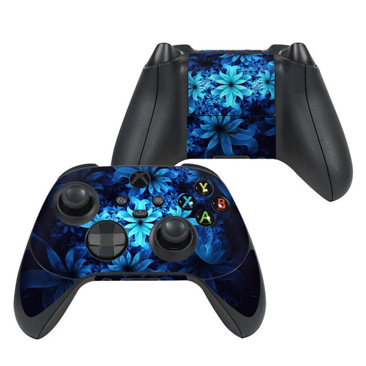Xbox controller skin with blue luminous floral pattern, black buttons and thumbsticks