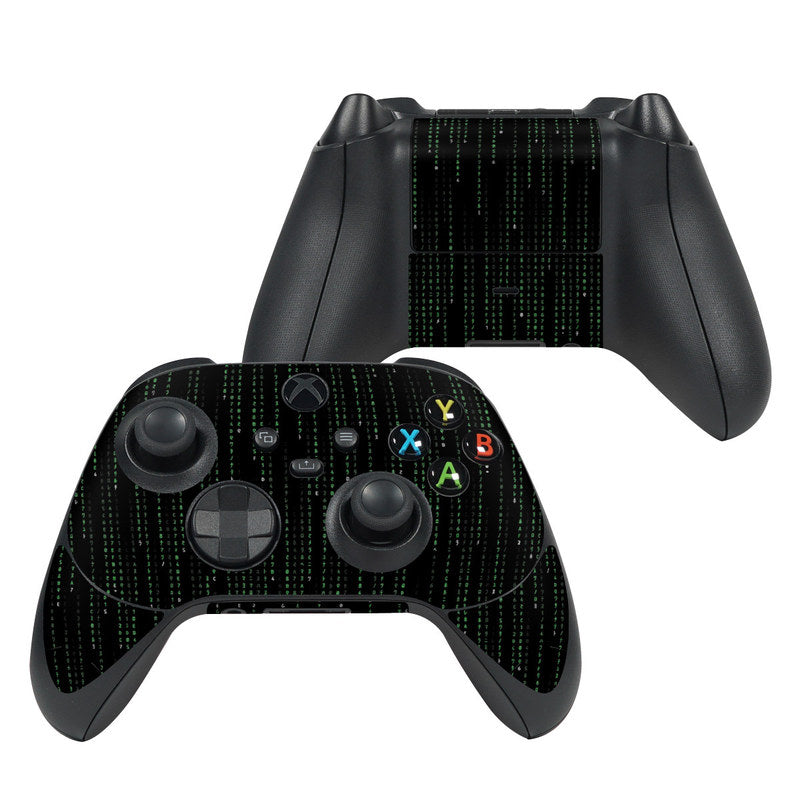 Xbox Series X controller skin, black with green matrix code graphic over grips and buttons