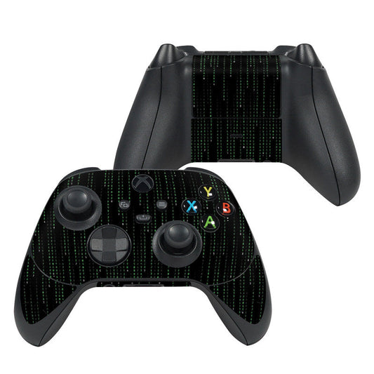 Xbox Series X controller skin, black with green matrix code graphic over grips and buttons