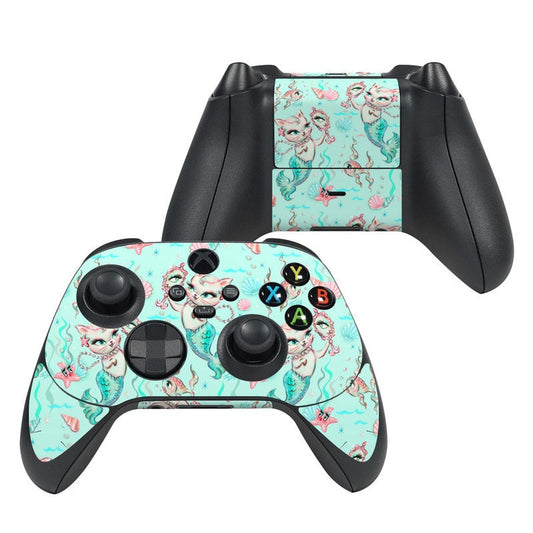 Aqua mermaid pattern Xbox controller skin with black thumbsticks and buttons