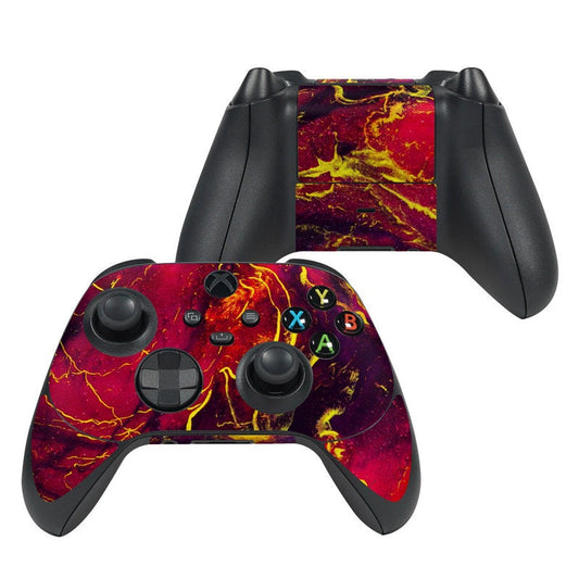Xbox Series X controller skin with red and yellow marbled flame design, black buttons