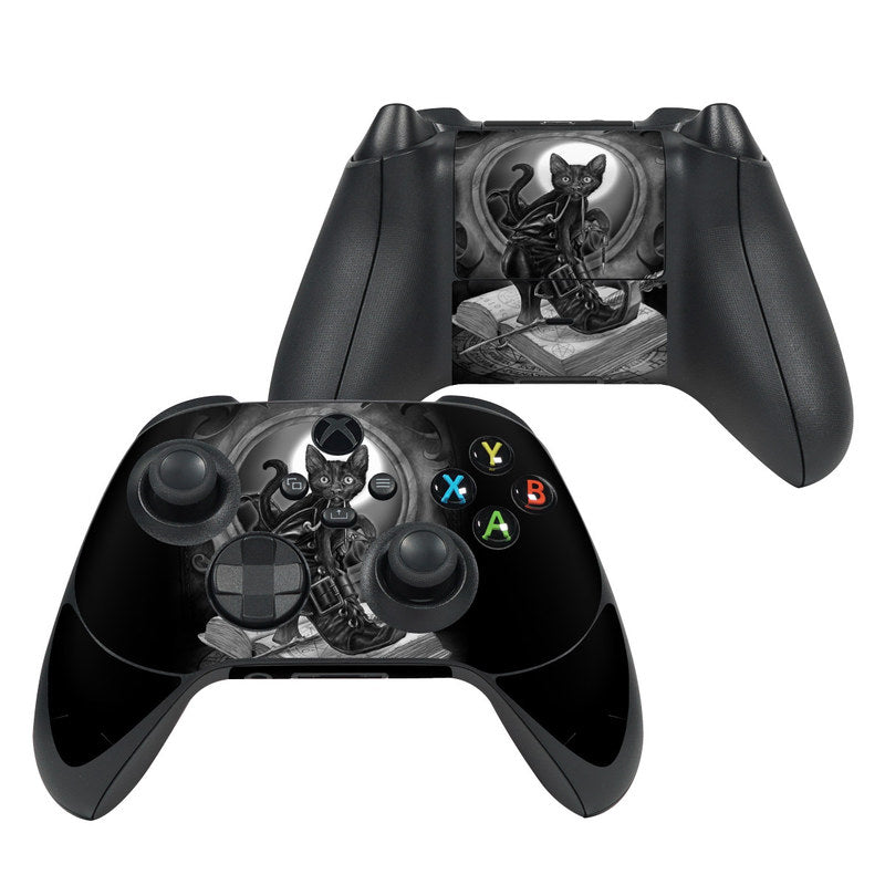 Xbox controller skin, matte black with cat character graphic and glowing button icons