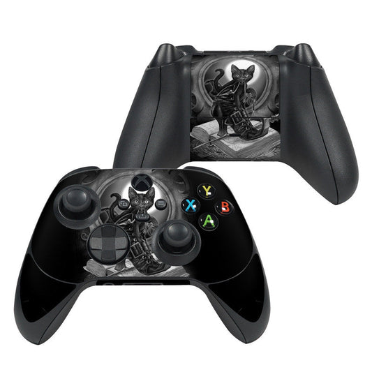 Xbox controller skin, matte black with cat character graphic and glowing button icons