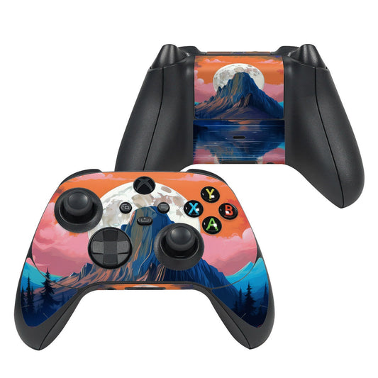 Xbox Series X controller skin, moonrise mountain art over orange sky