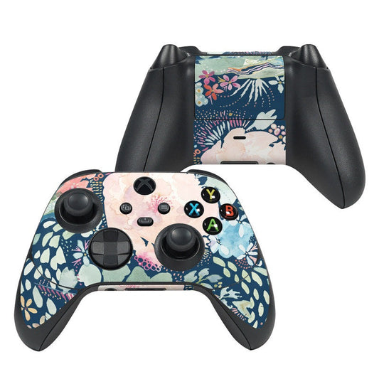 Xbox Series X controller skin with blue floral and white graphic full-face wrap