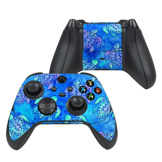 Xbox Series X controller skin with blue sea turtle and floral pattern, black buttons cutouts