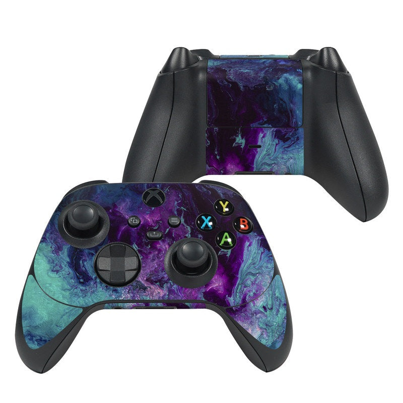 Xbox Series X controller skin with purple-blue galaxy nebula pattern, cutouts for buttons