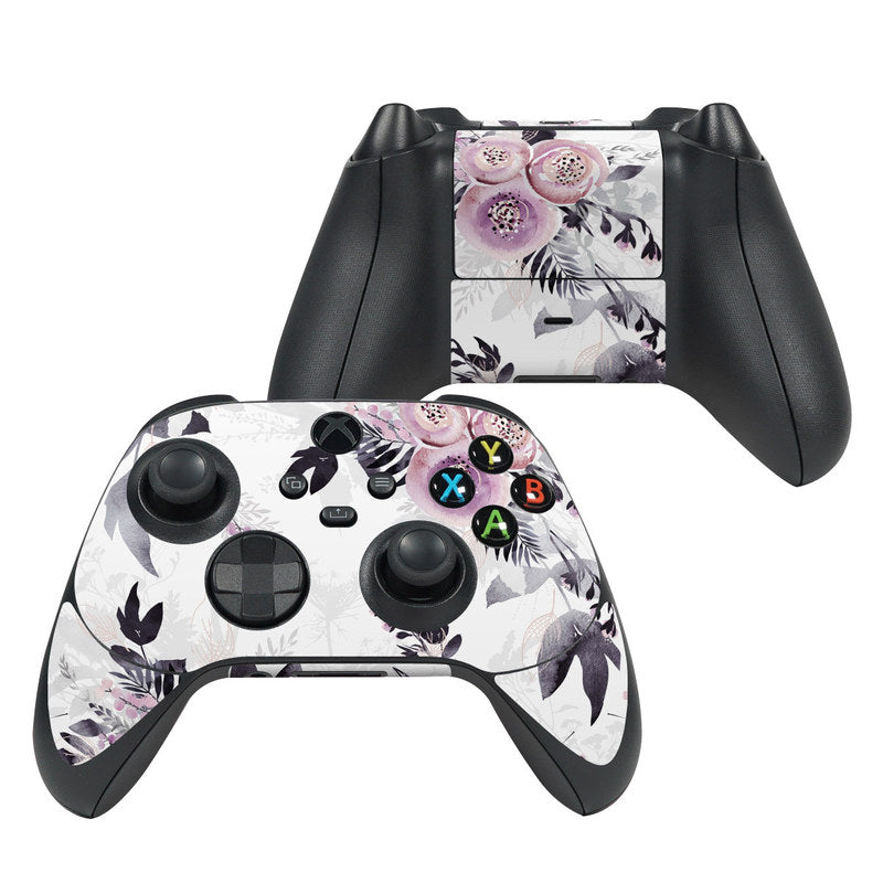 Xbox Series X controller skin with pink/purple floral blooms and black button accents