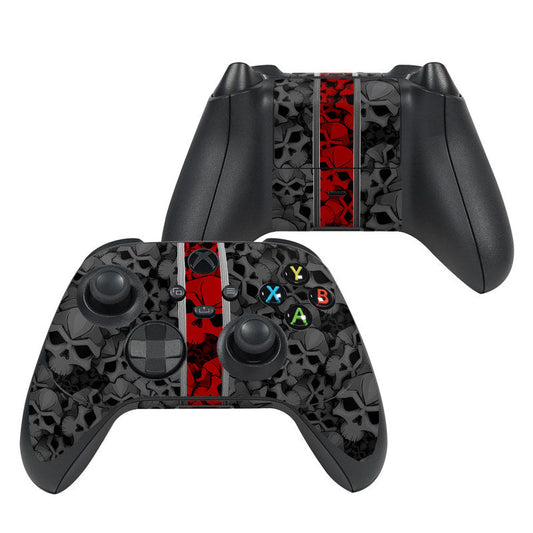 Xbox controller skin with black patterned wrap, red center stripe, colorful button icons