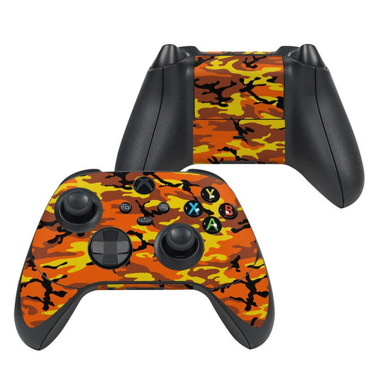 Orange camo Xbox Series X controller skin with cutouts for sticks and face buttons