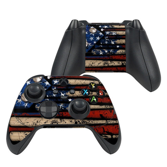 Xbox controller skin with distressed American flag stripes and stars, blue-red patriotic pattern.