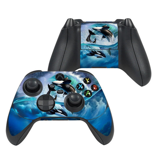 Xbox controller skin with blue orca wave graphic, black button and stick covers
