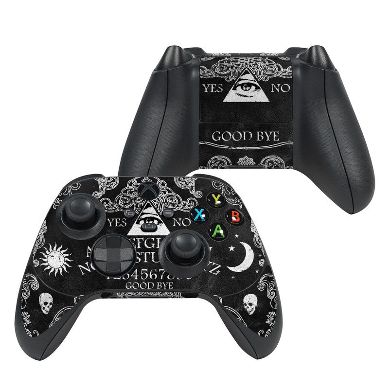Xbox Series X controller skin with black Ouija board symbols, eyes, and skulls