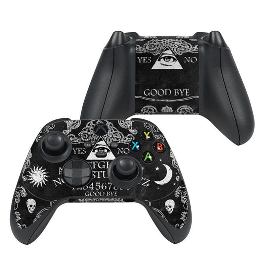 Xbox Series X controller skin with black Ouija board symbols, eyes, and skulls