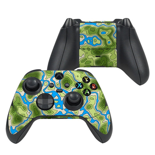 Xbox Series X controller skin with green/blue topographic map pattern and black buttons
