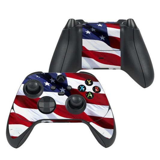 Xbox Series X controller skin with red, white, and blue American flag design