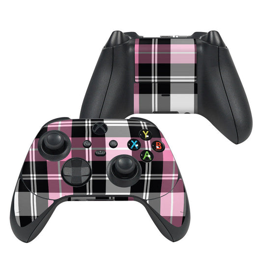 Xbox controller skin with pink plaid pattern and colored ABXY button icons