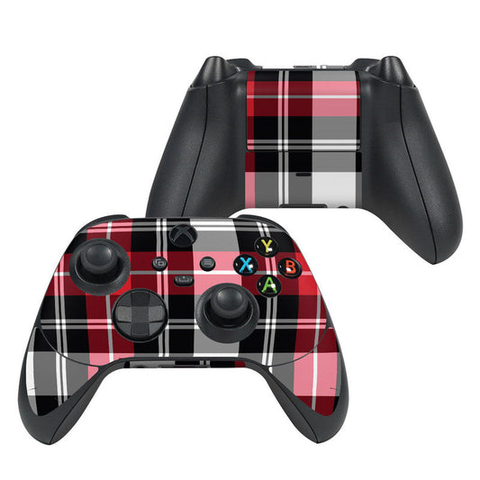 Red plaid Xbox controller skin for front and grips, with A/B/X/Y button icons