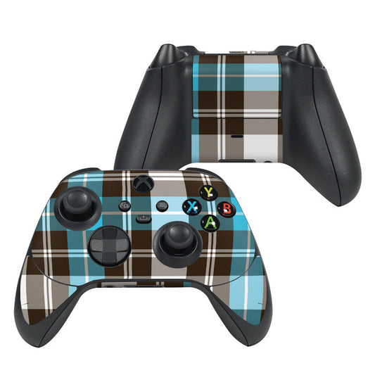 Xbox controller skin with turquoise plaid pattern and colored button icon layout