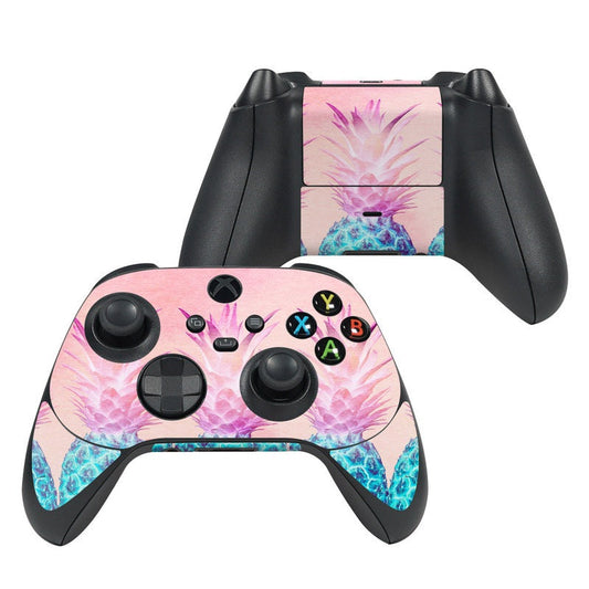 Xbox Series X controller skin with pink pineapple and blue water splash design