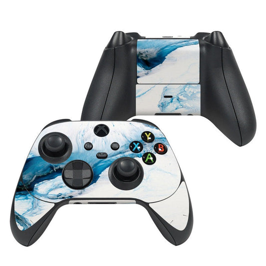 Xbox Series X controller skin with blue and white marble pattern over front buttons