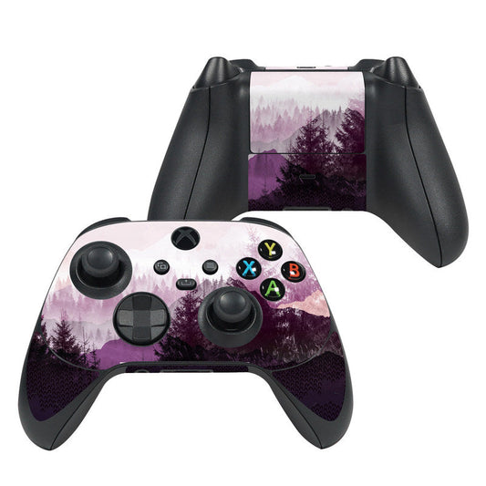 Xbox controller skin with purple forest horizon graphic