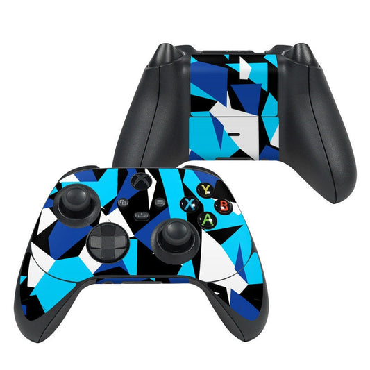 Xbox controller skin with blue geometric pattern on front and thumb grips
