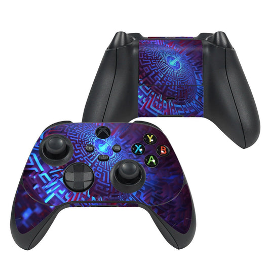 Xbox controller skin with purple-blue circuit pattern and colored A B X Y buttons