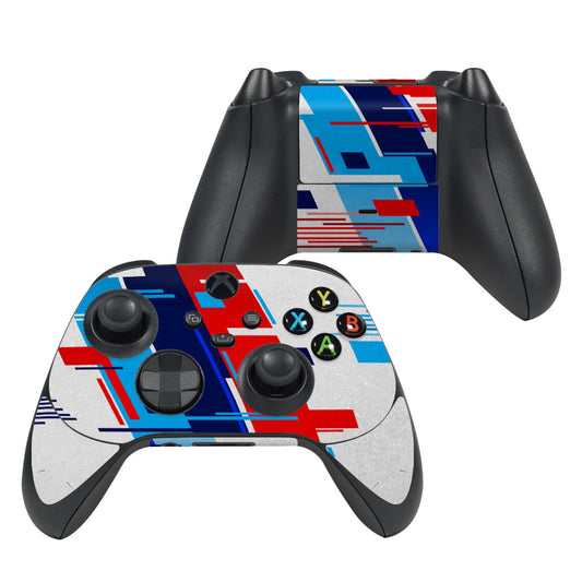 Xbox Series X controller skin, black base with blue red geometric racing graphics