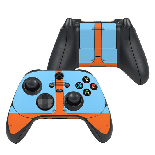 Xbox Series X controller skin with blue and orange retro racer graphic over buttons and triggers