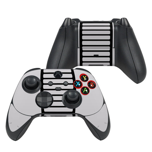 Xbox Series X controller skin with retro horizontal stripes and button icons on black and white