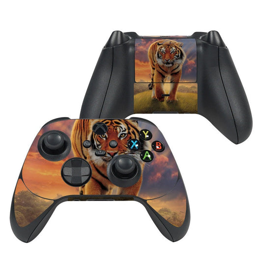 Xbox Series X controller skin with orange tiger artwork and colored face buttons